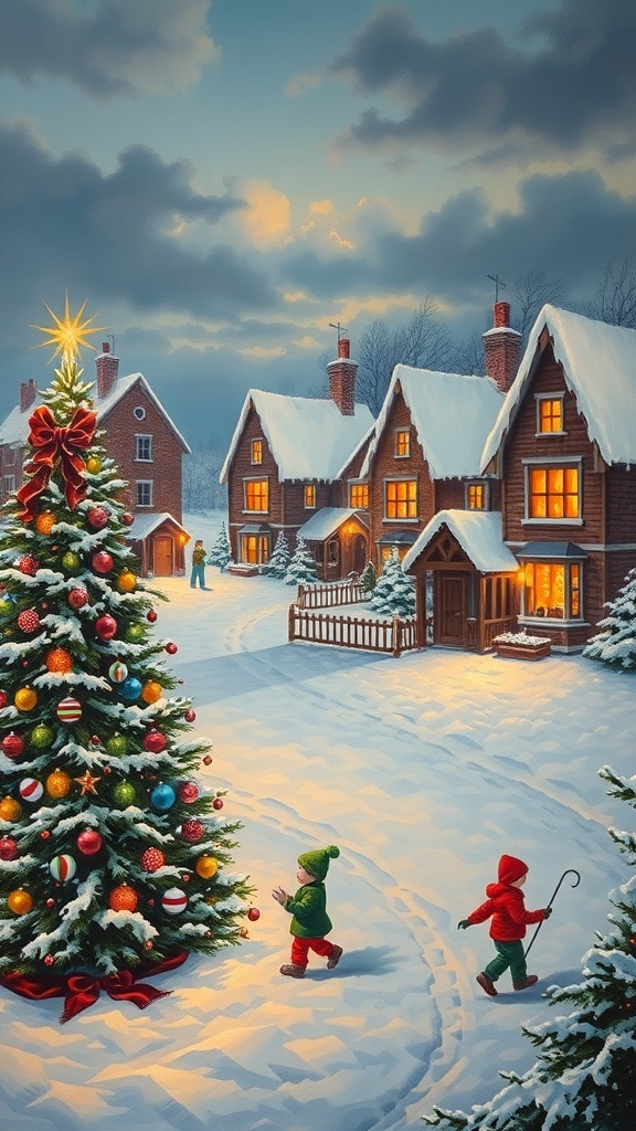 A large Christmas painting of a snowy village with glowing lights and children playing in the snow.